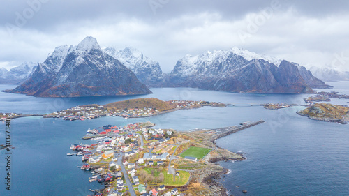 aerial view of reine norwegian town at lofoten islands 