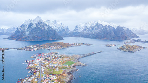 aerial view of reine norwegian town at lofoten islands 