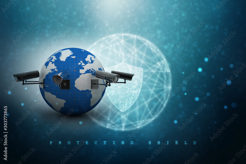 Naklejka premium 3d rendering Surveillance CCTV Security Camera connected globe 