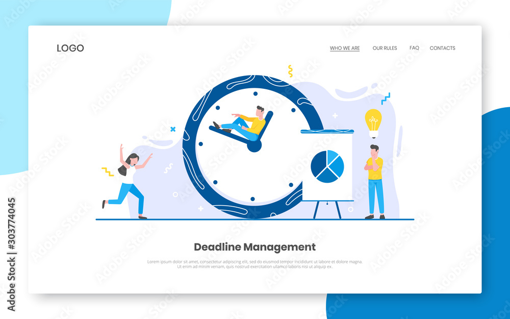 Business time management internet landing page concept template with tiny people characters working together. Teamwork and time management concept flat style design vector illustration isolated white.