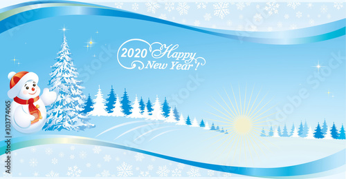 Happy New Year 2020. Christmas tree and snowman on background of nature with a wavy pattern and snowflakes. Vector illustration
