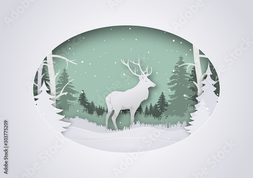 Wintry Paper Art Xmas Greeting with Deer in Forest - Festive Background Illustration with Layered Winter Landscape, Vector