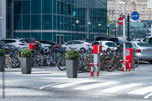 Canvas Print Moscow, Russia, May 22, 2019 - Bicycle parking in front of the business center
