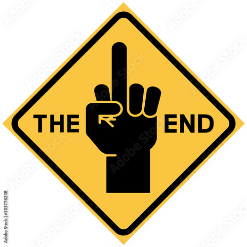 The end. Rhomboid sign. Black and yellow sign depicting a hand, fingers folded into a specific sign. photo
