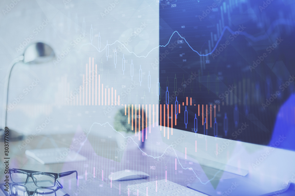 Forex graph hologram on table with computer background. Multi exposure. Concept of financial markets. Forex graph hologram on table with computer background. Multi exposure. Concept of financial markets.
