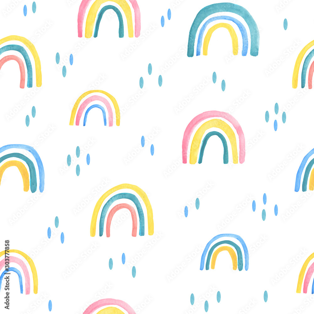 Fototapeta Childish style watercolor rainbow seamless pattern for kids wear. Hand drawn rainbow design for children fabric, wrapping, textile, wall. Trendy kids background.
