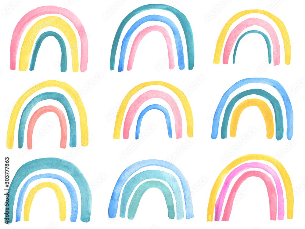 Set of isolated watercolor rainbows in childish style. Hand drawn on white background. Set of isolated watercolor rainbows in childish style. Hand drawn on white background.