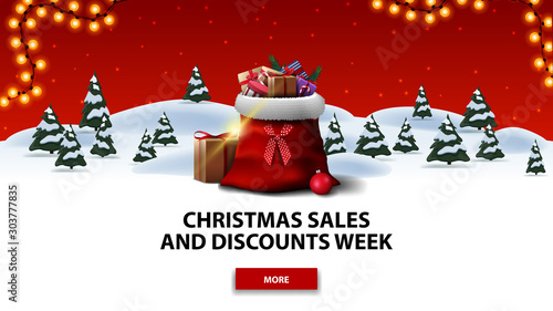 Christmas sales and discount week, red discount banner with cartoon winter forest with spruces, red starry sky, button, garland and Santa Claus bag with presents