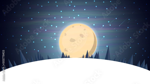 Cartoon winter landscape with spruce, blue starry sky and big full moon for your arts. Vector background with night winter landscape