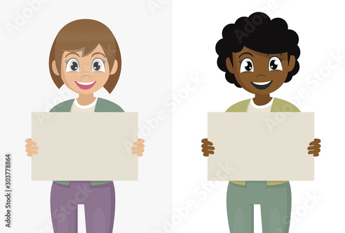 Cartoon character Poses, African girl holds in her hands a blank poster without text. Winking young woman on a white background.,