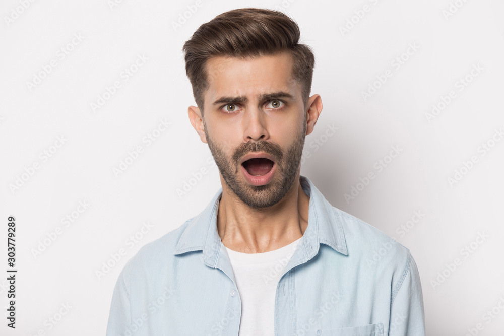 Close up portrait with scared handsome bearded man. Close up portrait with scared handsome bearded man.
