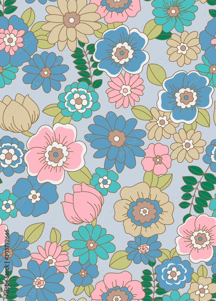 Japanese Pastel Retro Flower Seamless Pattern