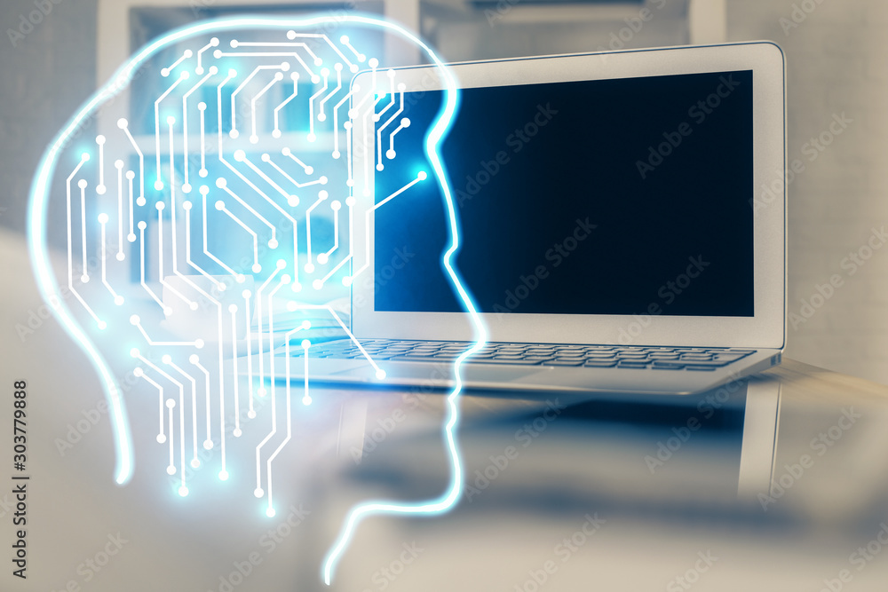 Double exposure of table with computer and brain hologram. Data innovation concept. Double exposure of table with computer and brain hologram. Data innovation concept.