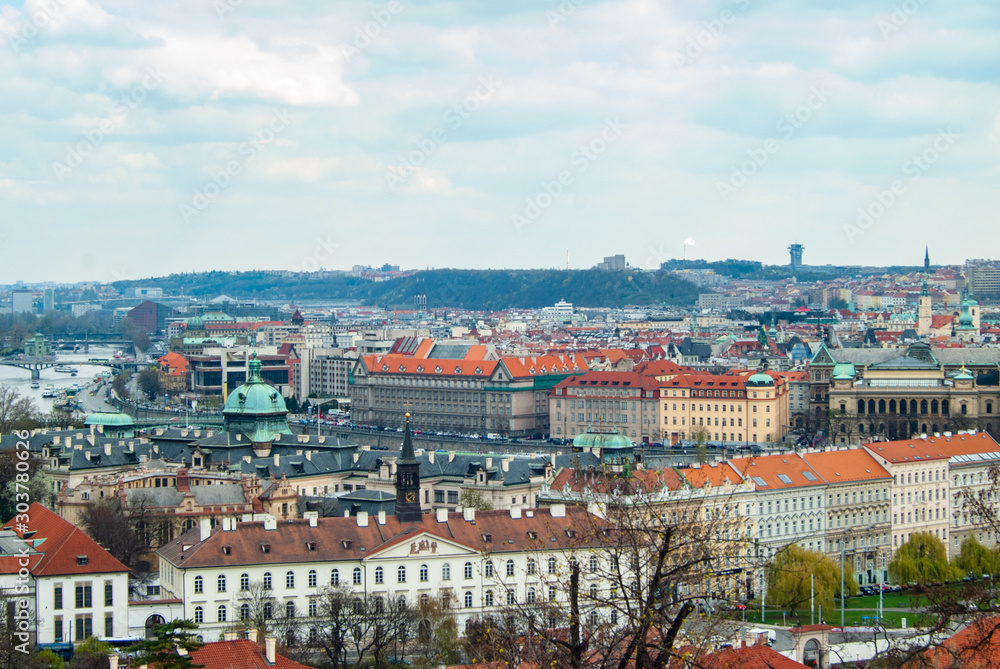 View to Prague city, Saint Vitus cathedral and Vltava river