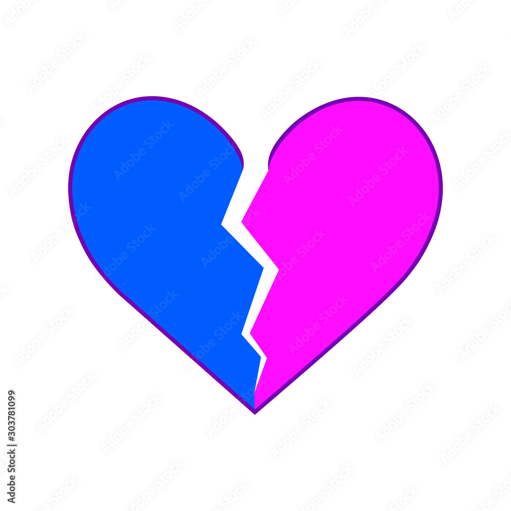A heart split in two parts, blue and pink. Symbol of male and female. Abstract concept, icon. Vector illustration on white background. A heart split in two parts, blue and pink. Symbol of male and female. Abstract concept, icon. Vector illustration on white background.