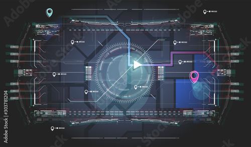 city map navigation. City map in the app Navigator with Futuristic HUD elements. Navigate device or route navigator tracker mobile UI.