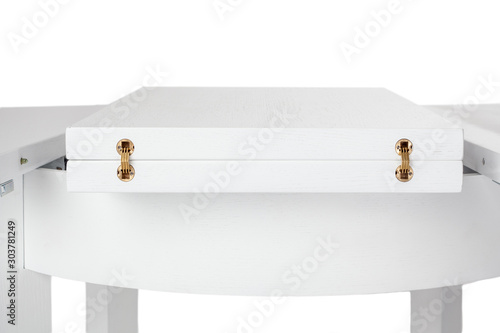 Elements of furniture fittings, folding kitchen table. White table isolated on a white background. Kitchen dining table.