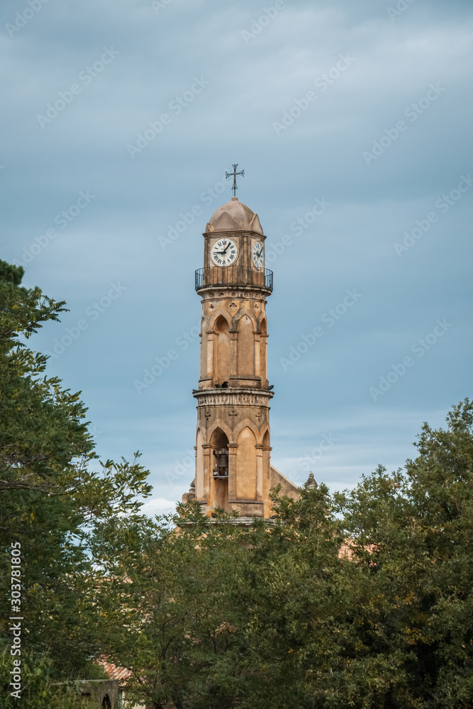 Church clock tower at Ville di Paraso in Corsica