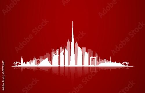 Design Anniversary Celebration Card with Dubai and Abu Dhabi tourist attraction silhouette. 48 UAE National day banner with UAE flag. Holiday card for 2 december, 48 National day United Arab Emirates