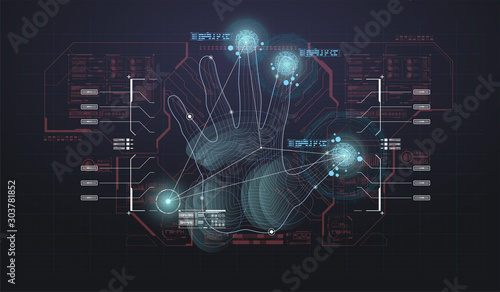 hand scan in futuristic HUD style. futuristic hand scan identify with hud elements. Scanning fingers. Personal identification. smart screen future hi tech concept background