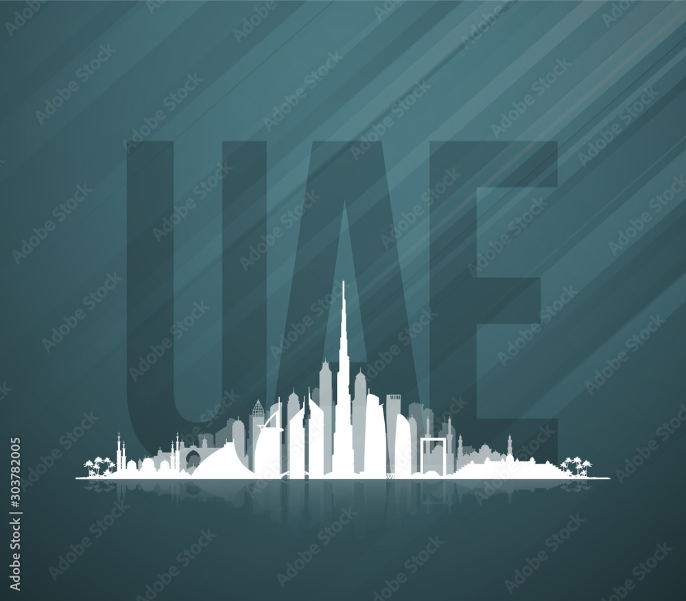48 UAE National day banner with UAE flag. Holiday card for 2 december, 48 National day United Arab Emirates Spirit of the union. Design Anniversary Celebration Card with Dubai and Abu Dhabi silhouette