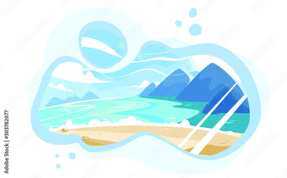 Seafront bright cartoon summer landscape. Abstract seaside view and beach resort concept. Blue sky and mountains and ocean without buildings and urban. Vector isolated illustration