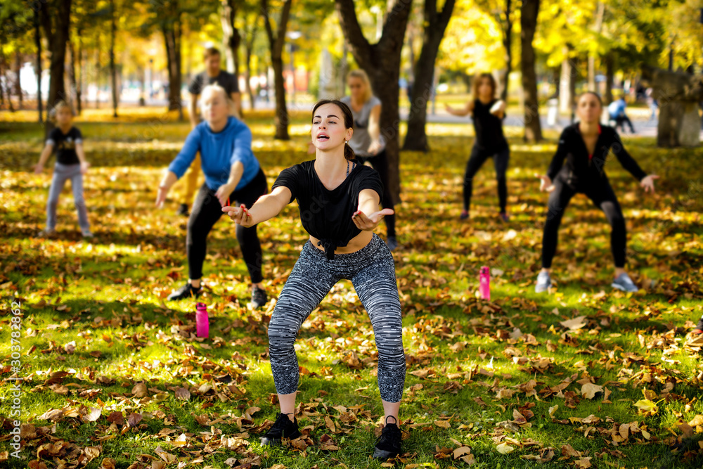 large group of people doing outdoor workout on green grass in park large group of people doing outdoor workout on green grass in park