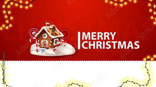 Merry Christmas  red greeting card for website with garland and Christmas gingerbread house