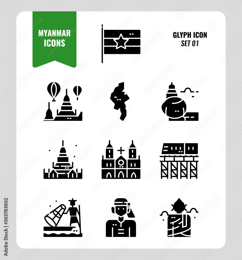 Myanmar icon set 1. Include flag, landmark, people, culture and more. Glyph icons Design. vector