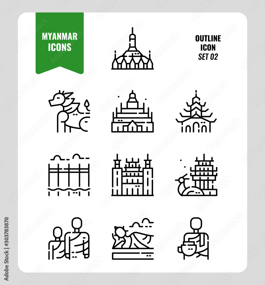 Myanmar icon set 2. Include landmark, people, culture and more. Outline icons Design. vector