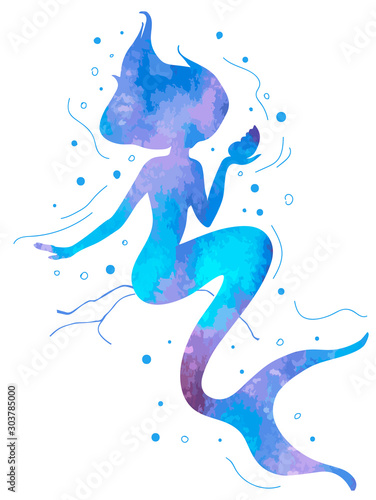 Hand drawn silhouette mermaid isolated on white background. Vector illustration. Colorful siren. Sea theme. Perfect for invitation, greeting card, fashion print, banner, t shirt.