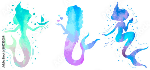Hand drawn silhouette mermaid isolated on white background. Vector illustration. Colorful siren. Sea theme. Perfect for invitation, greeting card, fashion print, banner, t shirt.