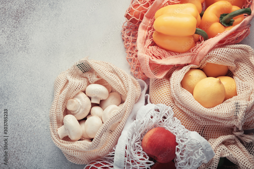 Fresh vegetables and fruits in eco bags. Zero waste shopping Fresh vegetables and fruits in eco bags. Zero waste shopping