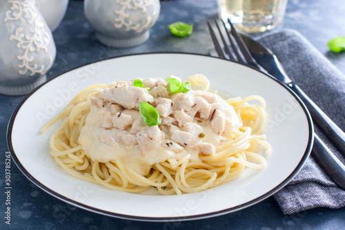 Spaghetti with chicken and cheese sauce on a white plate, horizontal