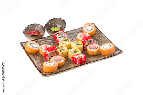 Japanese food restaurant sushi maki roll plate or platter set isolated on white background
