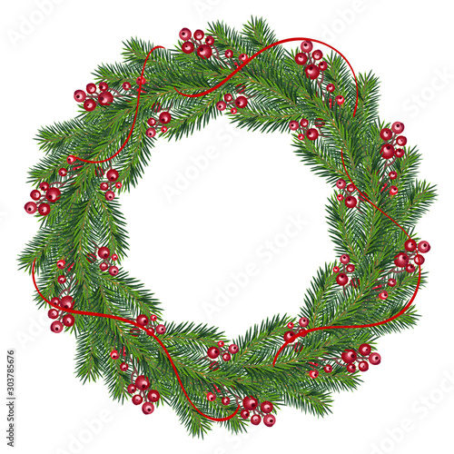 Realistic Christmas vector wreath with red berries on evergreen branches with place for text. Isolated xmas illustration for greeting card
