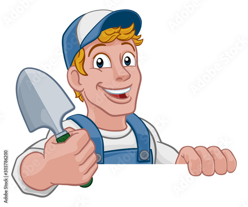 A gardener, handyman or farmer cartoon caretaker contractor man holding a garden spade tool. Peeking over a sign.