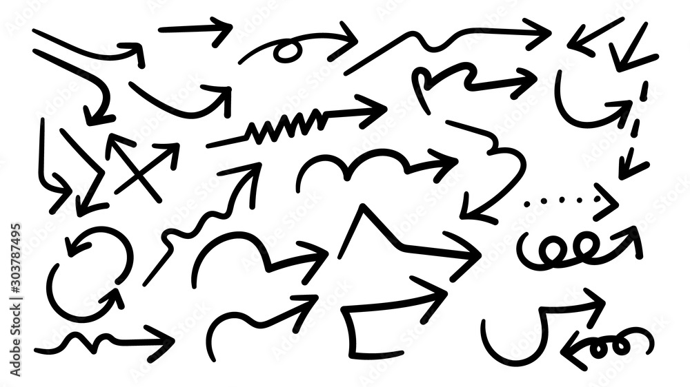 Fototapeta premium Arrows hand drawn doodle vector set. Sketch arrow design for application, banner, print screen, pen marks, map and typography design guide line.