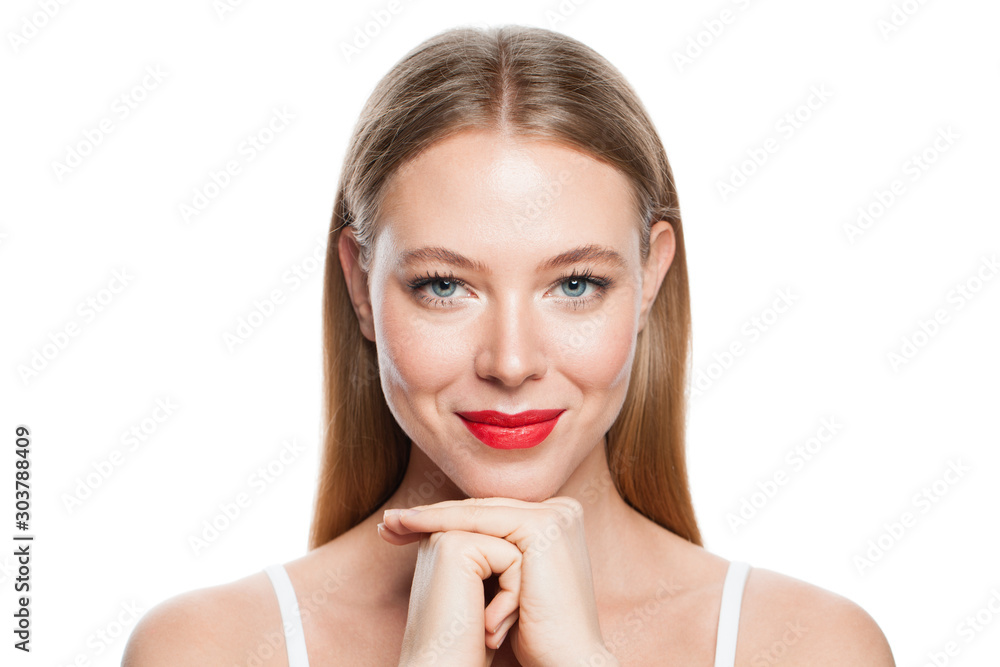 Beautiful female model isolated on white background. Happy woman smiling isolated Beautiful female model isolated on white background. Happy woman smiling isolated