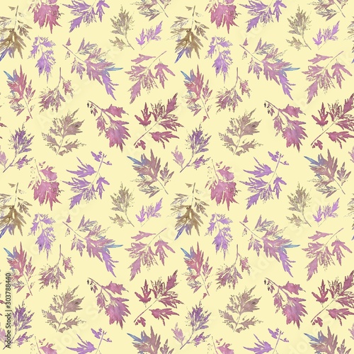 Imprints of abstract leaves mix repeat seamless pattern. Digital hand drawn picture with hand painted texture. mixed media endless motive for textile decor and design.