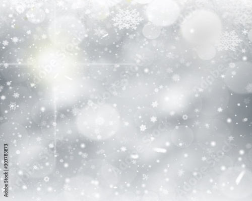 White gray background. white snowflakes, stars shiny and abstract bokeh blurred. Happy New Year and Merry Christmas winter holiday. use card wallpaper backdrop product.