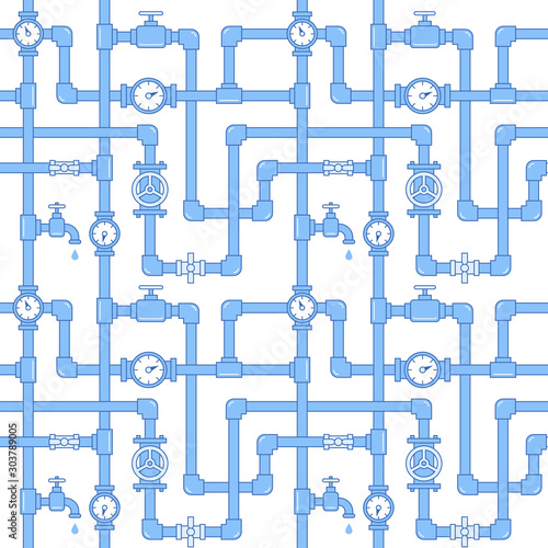 Seamless pattern with blue pipes, cranes and water meters. Linear illustration isolated on white backdrop. Plumbing system vector illustration.