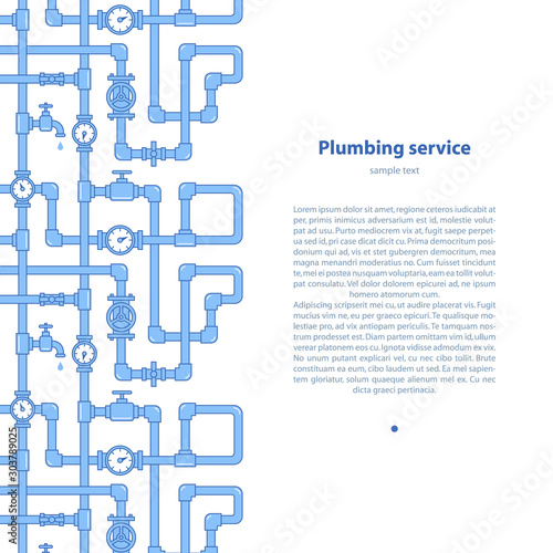 Plumbing service- background with copy space. Brochure template with illustration of pipeline, water meters and cranes. Vector illustration.