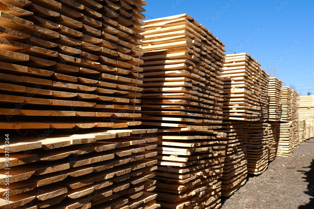 Wood timber in the sawmill. Piles of wooden boards in the sawmill. Wood timber in the sawmill. Piles of wooden boards in the sawmill.
