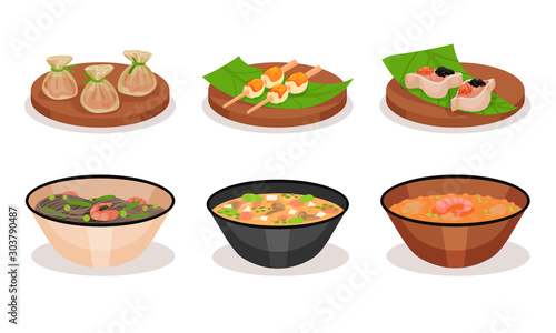 Asian Serving Dishes Vector Set. Traditional Meal Collection