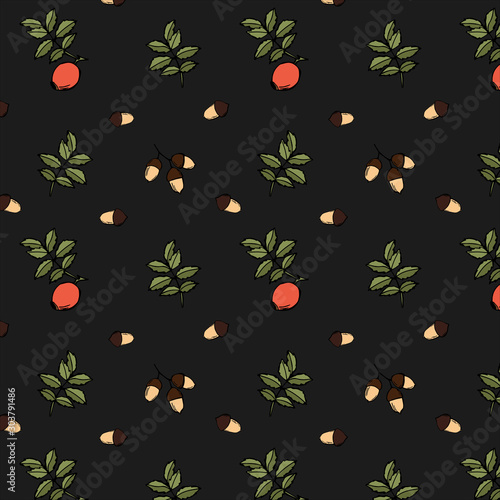 Modern endless seamless pattern with hand drawn acorns, rose hip and leaves. Perfecr for invitations, greetings, textile, web design. photo