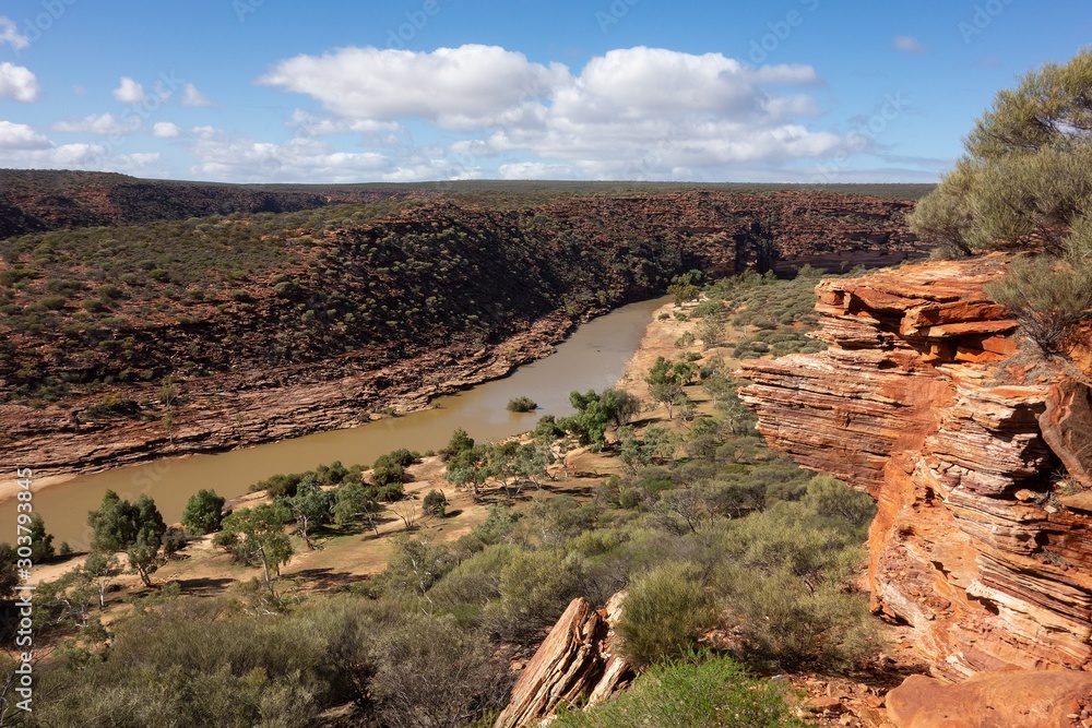 Gorge and valley with Murchison Riven in Kalbarri National Park viewed from famous Nature Window