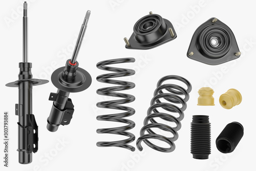 3D rendering. Passenger car Shock Absorber with dust cap, buffer mounting and strut mounting - new auto parts, spare parts. Spare parts for shop, aftermarket OEM photo