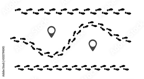 Human foot prints path with tag points. Traveler man boot steps tracking on route isolated on white background. Foot print brush