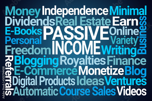 Passive Income Word Cloud on Blue Background